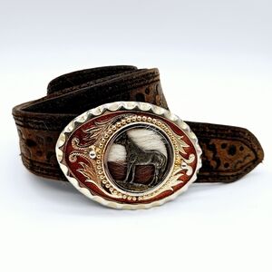 Large horse pony hair western cowboy buckle tooled leather belt